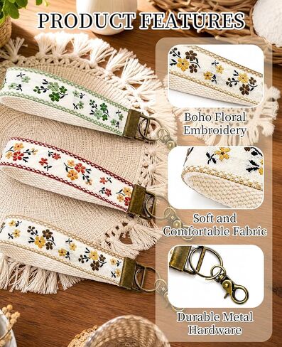 3 PCS Embroidered Boho Keychain Wristlet, Cute Floral Key Chains Lanyard for Women in Saudi Arabia