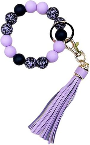 Wristlet Keychain for Women,Car Key Holder, Silicone Wood Leopard Beaded Key Ring Bangle Bracelet with PU Tassel in Saudi Arabia