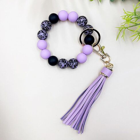 Wristlet Keychain for Women,Car Key Holder, Silicone Wood Leopard Beaded Key Ring Bangle Bracelet with PU Tassel in Saudi Arabia