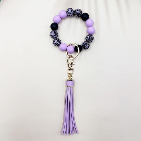 Wristlet Keychain for Women,Car Key Holder, Silicone Wood Leopard Beaded Key Ring Bangle Bracelet with PU Tassel in Saudi Arabia