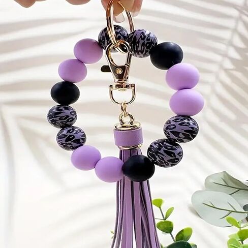 Wristlet Keychain for Women,Car Key Holder, Silicone Wood Leopard Beaded Key Ring Bangle Bracelet with PU Tassel in Saudi Arabia