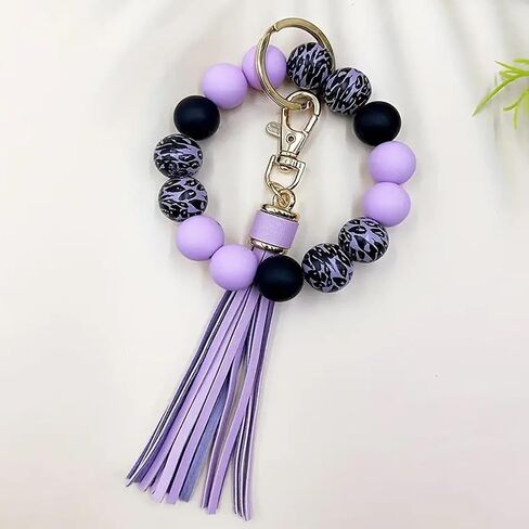 Wristlet Keychain for Women,Car Key Holder, Silicone Wood Leopard Beaded Key Ring Bangle Bracelet with PU Tassel in Saudi Arabia