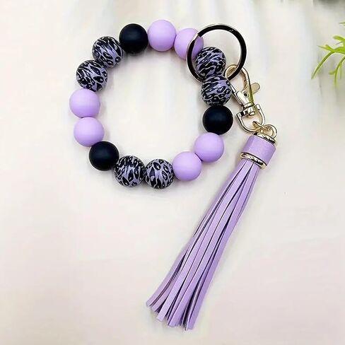 Wristlet Keychain for Women,Car Key Holder, Silicone Wood Leopard Beaded Key Ring Bangle Bracelet with PU Tassel in Saudi Arabia