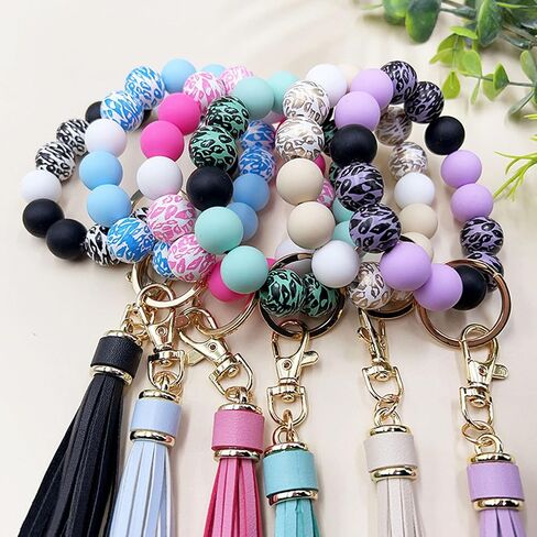 Wristlet Keychain for Women,Car Key Holder, Silicone Wood Leopard Beaded Key Ring Bangle Bracelet with PU Tassel in Saudi Arabia