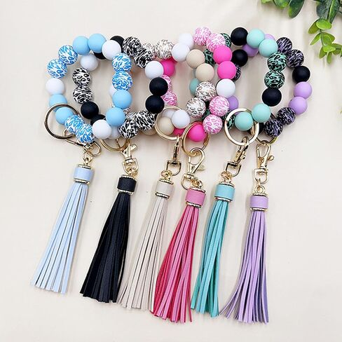 Wristlet Keychain for Women,Car Key Holder, Silicone Wood Leopard Beaded Key Ring Bangle Bracelet with PU Tassel in Saudi Arabia