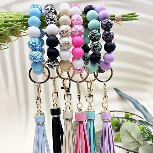 Wristlet Keychain for Women,Car Key Holder, Silicone Wood Leopard Beaded Key Ring Bangle Bracelet with PU Tassel in Saudi Arabia