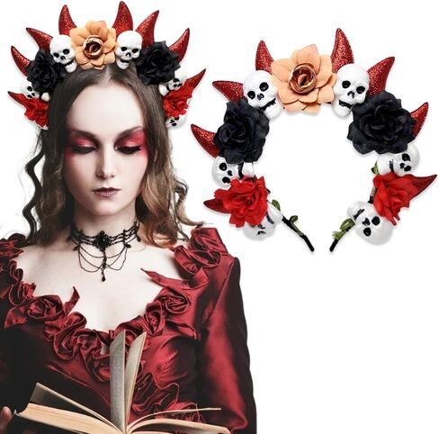 Halloween Devil Horns Skulls Halo Flowers Crown Headband Gothic Floral Devil Horn Halo Hair Hoop Day of The Dead Hairband Skulls Head Piece Renaissance Hair Accessory for Demon Witcher Makeup Party in Saudi Arabia