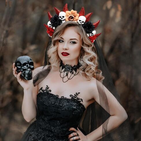 Halloween Devil Horns Skulls Halo Flowers Crown Headband Gothic Floral Devil Horn Halo Hair Hoop Day of The Dead Hairband Skulls Head Piece Renaissance Hair Accessory for Demon Witcher Makeup Party in Saudi Arabia