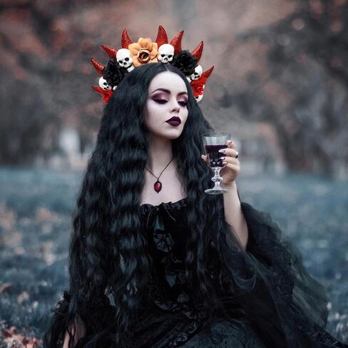 Halloween Devil Horns Skulls Halo Flowers Crown Headband Gothic Floral Devil Horn Halo Hair Hoop Day of The Dead Hairband Skulls Head Piece Renaissance Hair Accessory for Demon Witcher Makeup Party in Saudi Arabia