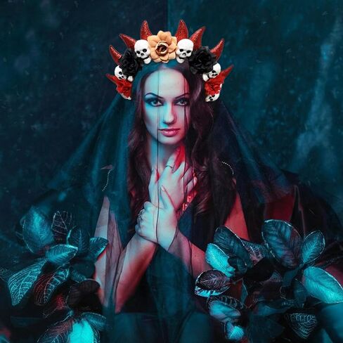 Halloween Devil Horns Skulls Halo Flowers Crown Headband Gothic Floral Devil Horn Halo Hair Hoop Day of The Dead Hairband Skulls Head Piece Renaissance Hair Accessory for Demon Witcher Makeup Party in Saudi Arabia