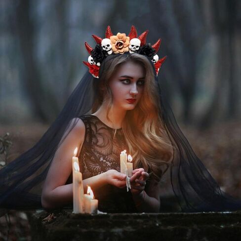 Halloween Devil Horns Skulls Halo Flowers Crown Headband Gothic Floral Devil Horn Halo Hair Hoop Day of The Dead Hairband Skulls Head Piece Renaissance Hair Accessory for Demon Witcher Makeup Party in Saudi Arabia