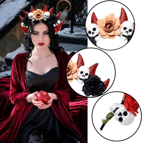 Halloween Devil Horns Skulls Halo Flowers Crown Headband Gothic Floral Devil Horn Halo Hair Hoop Day of The Dead Hairband Skulls Head Piece Renaissance Hair Accessory for Demon Witcher Makeup Party in Saudi Arabia