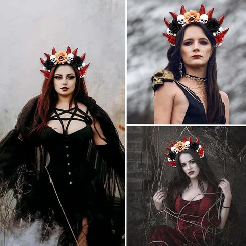 Halloween Devil Horns Skulls Halo Flowers Crown Headband Gothic Floral Devil Horn Halo Hair Hoop Day of The Dead Hairband Skulls Head Piece Renaissance Hair Accessory for Demon Witcher Makeup Party in Saudi Arabia