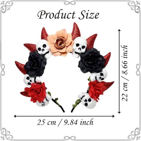 Halloween Devil Horns Skulls Halo Flowers Crown Headband Gothic Floral Devil Horn Halo Hair Hoop Day of The Dead Hairband Skulls Head Piece Renaissance Hair Accessory for Demon Witcher Makeup Party in Saudi Arabia