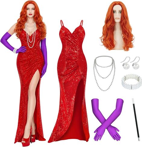 Jessica Rabbit Costume for Women Long Red Sequin Fancy Dress with Wig Necklace Gloves Bracelet Props Holder Earrings in Saudi Arabia