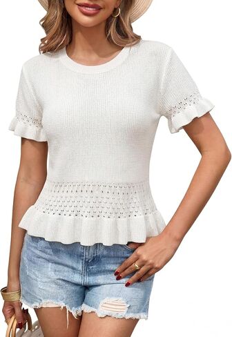 COCCKO Womens Summer Short Sleeve Cropped Sweaters Ruffle Lightweight Knit Crochet Peplum Tops Dressy Casual Boho Sweater in Saudi Arabia
