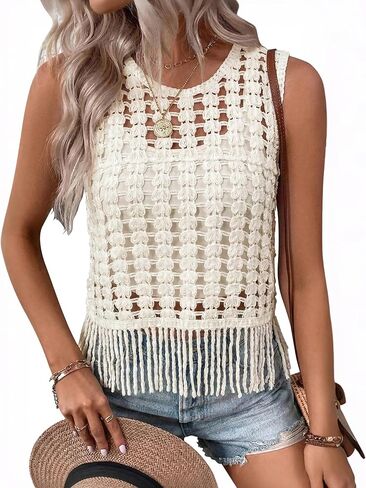 Lingswallow Womens Crochet Tank Tops Boho Cropped Sleeveless Hollow Out Vest Round Neck Fringe Hem Summer Beach Cover Ups Top in Saudi Arabia