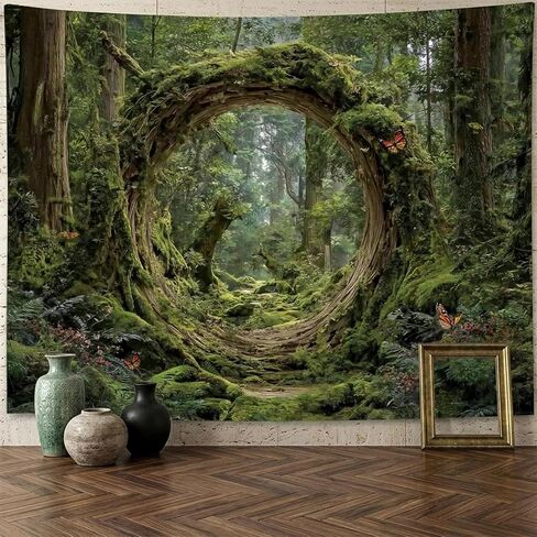 Miytal Enchanted Forest Portal Tapestry, Magical Green Mossy Tree Hole Woodland Aesthetic Wall Hanging, Fantasy Nature Art Decor for Bedroom, Living Room, Dorm - 70.9" x 90.6" in Kuwait