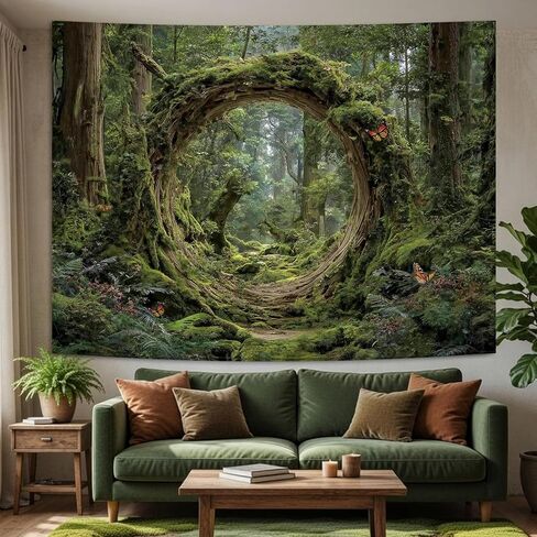 Miytal Enchanted Forest Portal Tapestry, Magical Green Mossy Tree Hole Woodland Aesthetic Wall Hanging, Fantasy Nature Art Decor for Bedroom, Living Room, Dorm - 70.9" x 90.6" in Kuwait