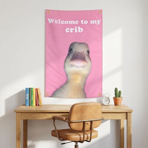 Shimmeroo Funny Tapestry for Bedroom Wall, Welcome to My Crib Flag, 23×35 inch Art Duck Flag Tapestry for College Dorm Room,Festivals Outdoor Activities,Bedroom Decor Wall Hanging - Pink in Saudi Arabia