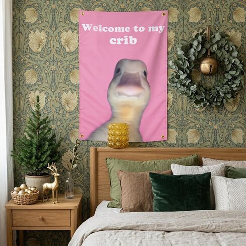 Shimmeroo Funny Tapestry for Bedroom Wall, Welcome to My Crib Flag, 23×35 inch Art Duck Flag Tapestry for College Dorm Room,Festivals Outdoor Activities,Bedroom Decor Wall Hanging - Pink in Saudi Arabia