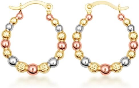 Gold Classic Beaded Hoop Earrings for Women | 10K or 14K Tri-Color Yellow, White, and Rose Gold in Saudi Arabia