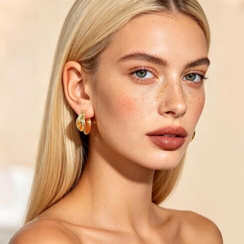 Gold Tone Textured Hoop Earrings 18K Gold Plated Medium Twisted Statement Hoops for Women Minimalist Jewelry in Saudi Arabia
