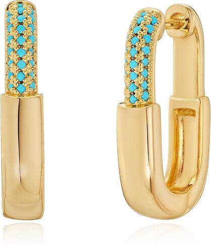 Hoop Earring for Women, 14K Gold Plated Cubic Zirconia Turquoise Square Shape Design Modern Jewelry in Saudi Arabia