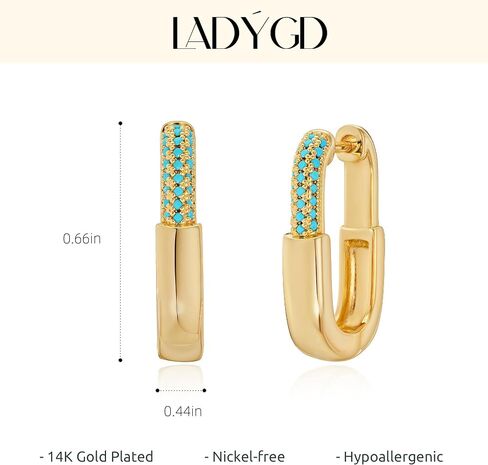 Hoop Earring for Women, 14K Gold Plated Cubic Zirconia Turquoise Square Shape Design Modern Jewelry in Saudi Arabia