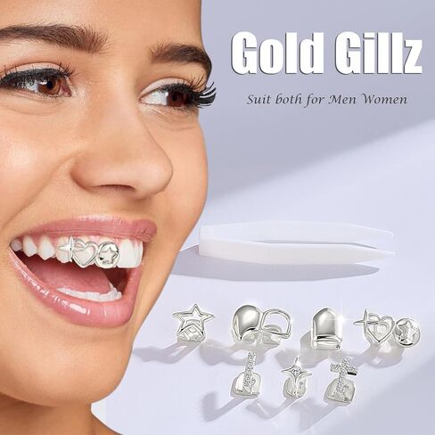 GIFIKOI 9Pcs Silver Plated Grillz Teeth Caps for Women Men Fake Tooth Cap Grill Dental Jewelry Kit for Teeth Mouth Hip Hop Vampire Halloween Party Single Grillz Jewelry Set Silvery in Saudi Arabia