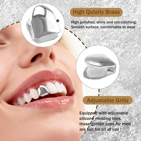 GIFIKOI 9Pcs Silver Plated Grillz Teeth Caps for Women Men Fake Tooth Cap Grill Dental Jewelry Kit for Teeth Mouth Hip Hop Vampire Halloween Party Single Grillz Jewelry Set Silvery in Saudi Arabia