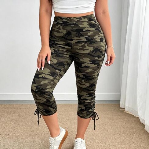 Women's Camo Pants High Waisted Drawstring Ruched Leggings Slim Fit Stretch Adjustable Length Plus Size Streetwear in Kuwait