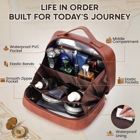 Mens Toiletry Travel Bag,PU Leather Toiletry Bag for Men,Water-Resistant Travel Bag for Toiletries,Brown Shaving Bag for Men, Mens Birthday Gift Ideas for Fathers Day Men Him Husband Dad in Saudi Arabia