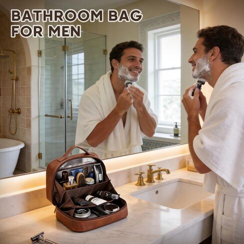 Mens Toiletry Travel Bag,PU Leather Toiletry Bag for Men,Water-Resistant Travel Bag for Toiletries,Brown Shaving Bag for Men, Mens Birthday Gift Ideas for Fathers Day Men Him Husband Dad in Saudi Arabia