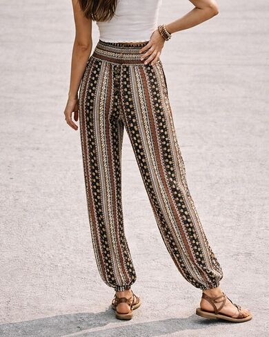 Women's Boho Pants Summer Casual High Waisted Lightweight Comfy Wide Leg Palazzo Lounge Pants with Pockets Blend Color in Kuwait