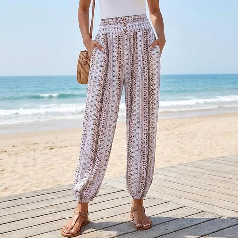 Women's Boho Pants Summer Casual High Waisted Lightweight Comfy Wide Leg Palazzo Lounge Pants with Pockets Blend Color in Kuwait