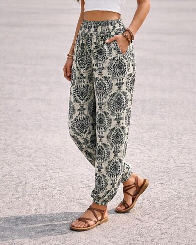 Women's Boho Pants Summer Casual High Waisted Lightweight Comfy Wide Leg Palazzo Lounge Pants with Pockets Blend Color in Kuwait