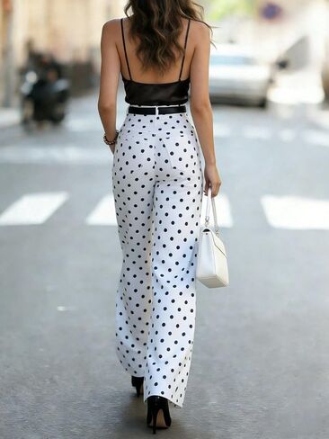 Womens Cropped Jeans Black & White Polka Dot High Waist Wide Leg Pants Vintage Style Trousers Pant in Kuwait