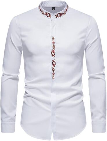 Hndudnff Men's Satin Mandarin Collar Long Sleeves Casual Button Down Pocket Dress Shirt in Saudi Arabia