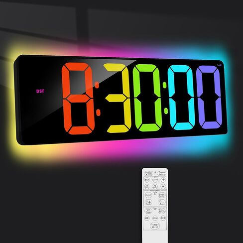 TXL 17.2" WiFi Digital Wall Clock with Seconds, Large Countdown Timer for Classroom Home Gym Office, Alarm Clock with Remote Control, RGB Ambient Lights, 4 Dimmable Brightness, Auto DST(White) in Saudi Arabia