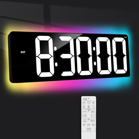 TXL 17.2" WiFi Digital Wall Clock with Seconds, Large Countdown Timer for Classroom Home Gym Office, Alarm Clock with Remote Control, RGB Ambient Lights, 4 Dimmable Brightness, Auto DST(White) in Saudi Arabia