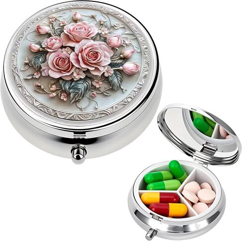 Stylish Pink Roses Floral-Themed Pill Box with 3 Compartments – Compact and Durable Organizer for Supplements and Medication in Kuwait