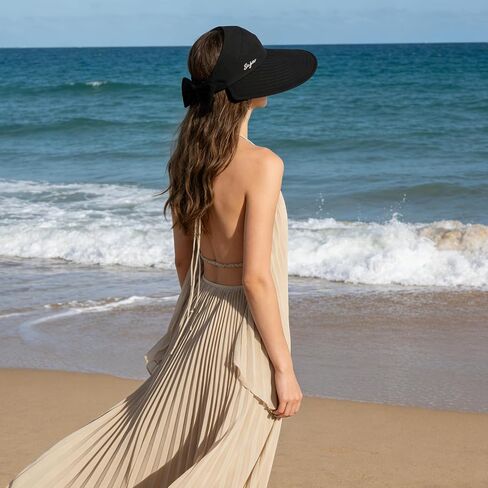 Women Sun Visor Hat Bow Adjustable Large Wide Brim Foldable Hats Summer UV Protection Beach Cap in Saudi Arabia