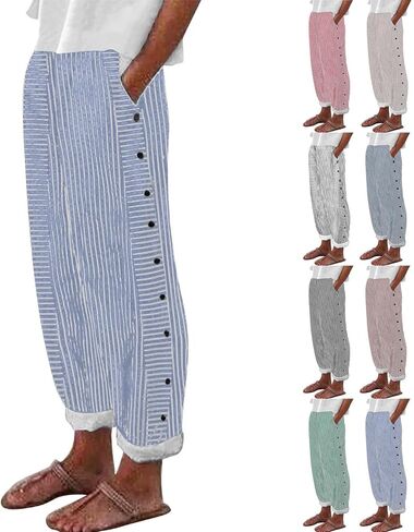 Tatumaie Women's Striped Linen Pants Casual Loose High Waist Trousers with Side Buttons Breathable Summer Pants with Pockets in Kuwait