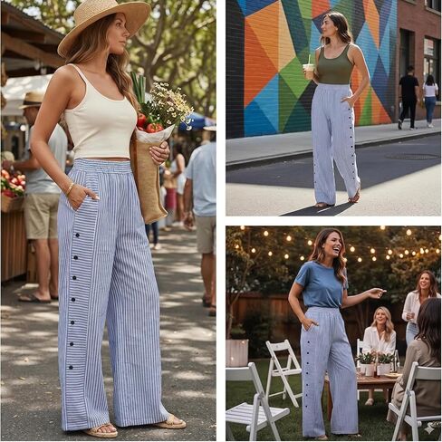 Tatumaie Women's Striped Linen Pants Casual Loose High Waist Trousers with Side Buttons Breathable Summer Pants with Pockets in Kuwait