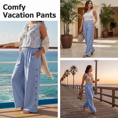 Tatumaie Women's Striped Linen Pants Casual Loose High Waist Trousers with Side Buttons Breathable Summer Pants with Pockets in Kuwait