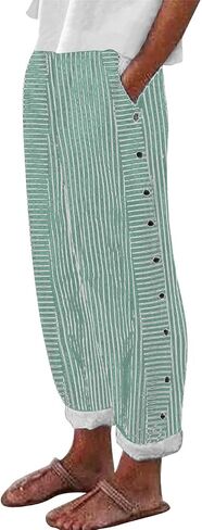 Tatumaie Women's Striped Linen Pants Casual Loose High Waist Trousers with Side Buttons Breathable Summer Pants with Pockets in Saudi Arabia