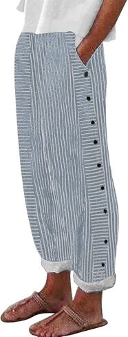 Tatumaie Women's Striped Linen Pants Casual Loose High Waist Trousers with Side Buttons Breathable Summer Pants with Pockets in Kuwait