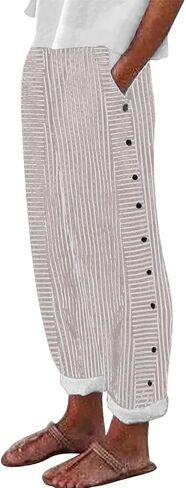 Tatumaie Women's Striped Linen Pants Casual Loose High Waist Trousers with Side Buttons Breathable Summer Pants with Pockets in Kuwait