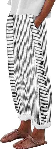 Tatumaie Women's Striped Linen Pants Casual Loose High Waist Trousers with Side Buttons Breathable Summer Pants with Pockets in Kuwait